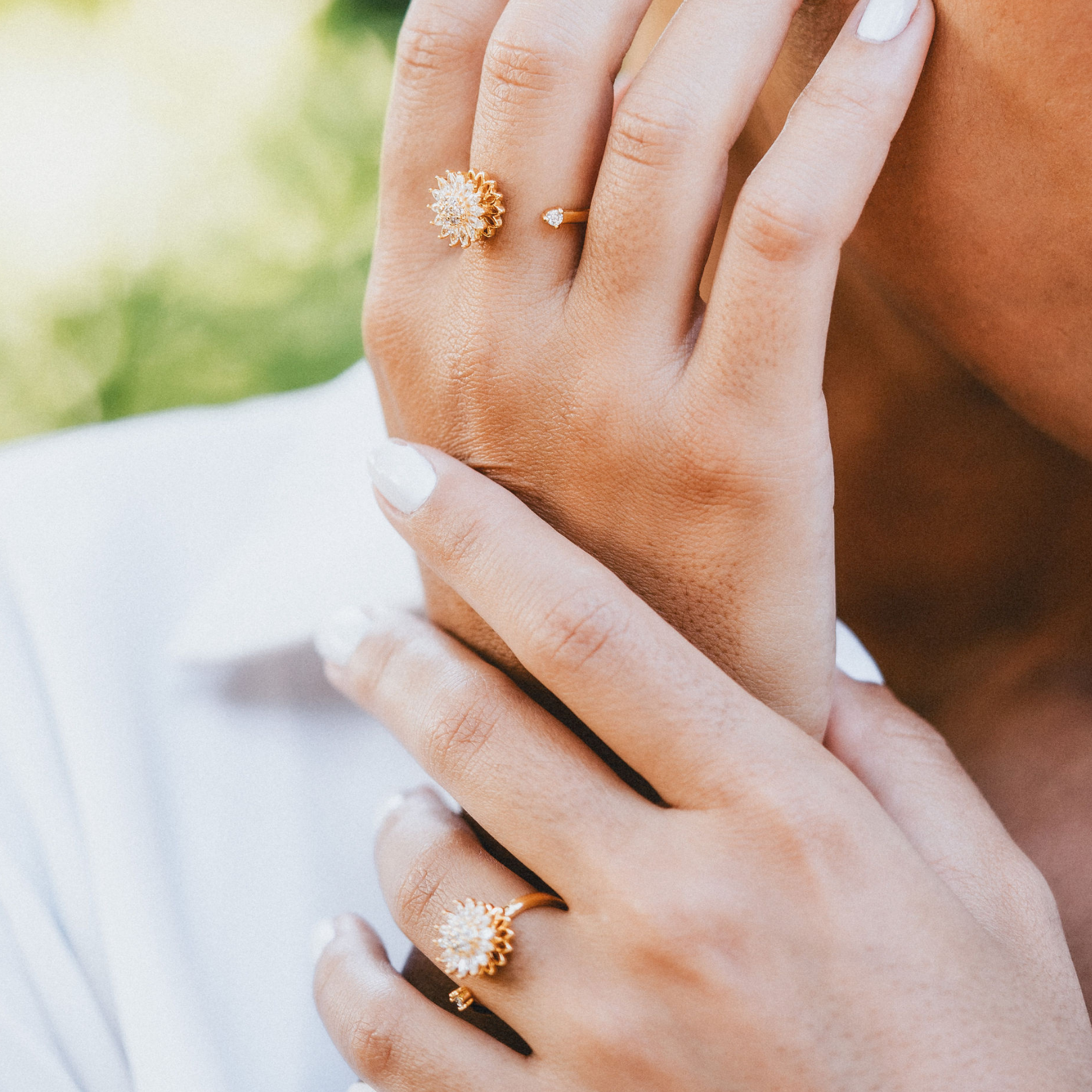 Stylish crystal sunflower ring in gold-tone adjustable design

