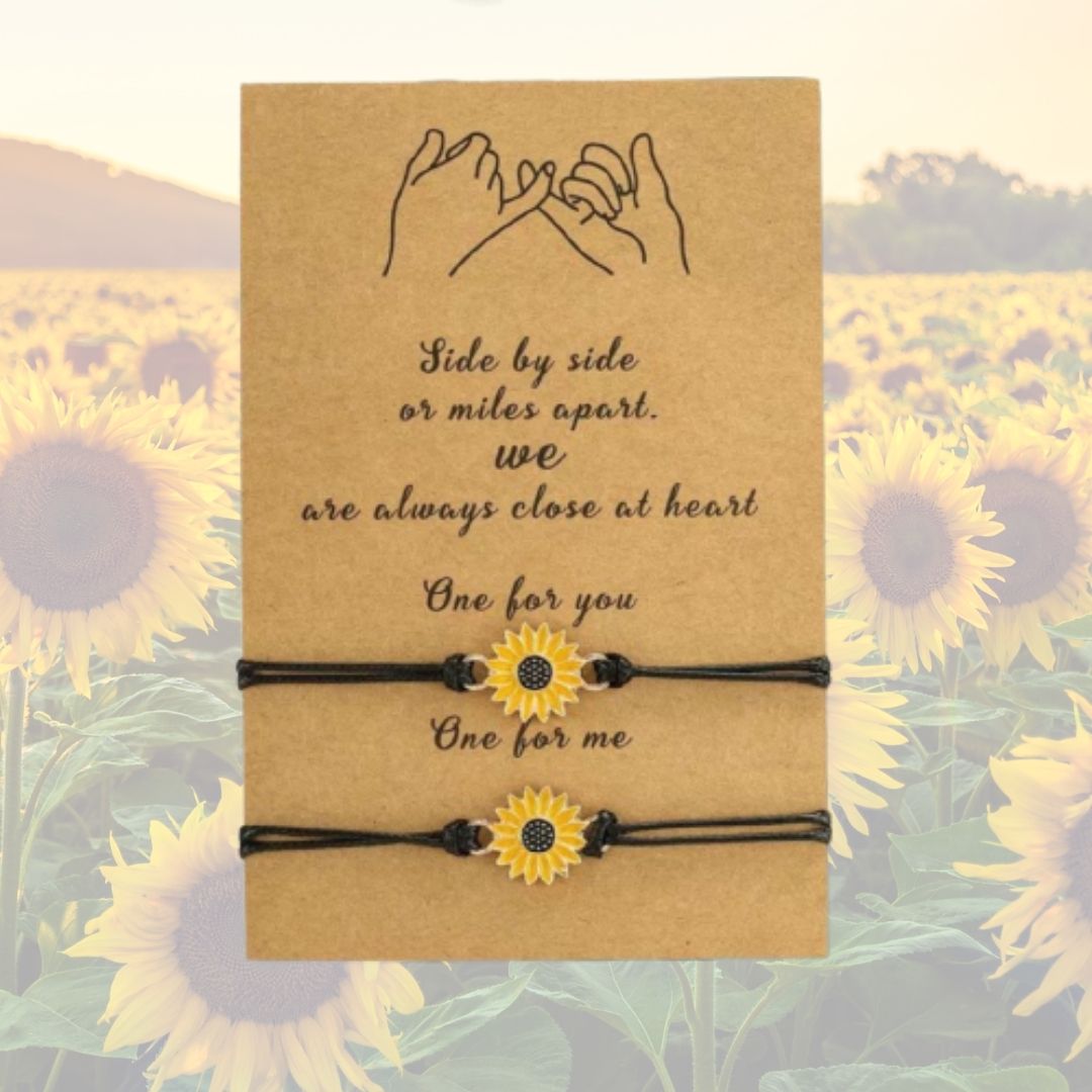 Matching sunflower friendship bracelets on kraft card with heartfelt message – 'Side by side or miles apart, we are always close at heart'. Perfect gift for best friends or long-distance relationships.

