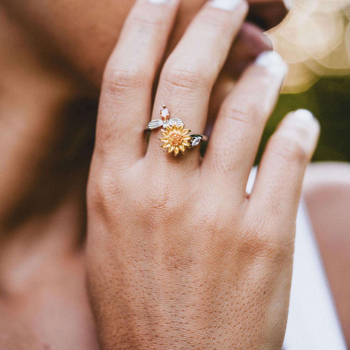 Unique gold sunflower and crystal bee adjustable band ring


