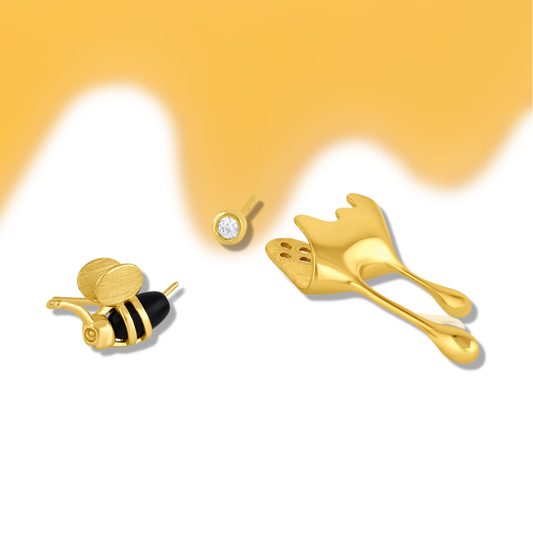 Gold bee and honey drip-inspired stud earrings with diamond accent

