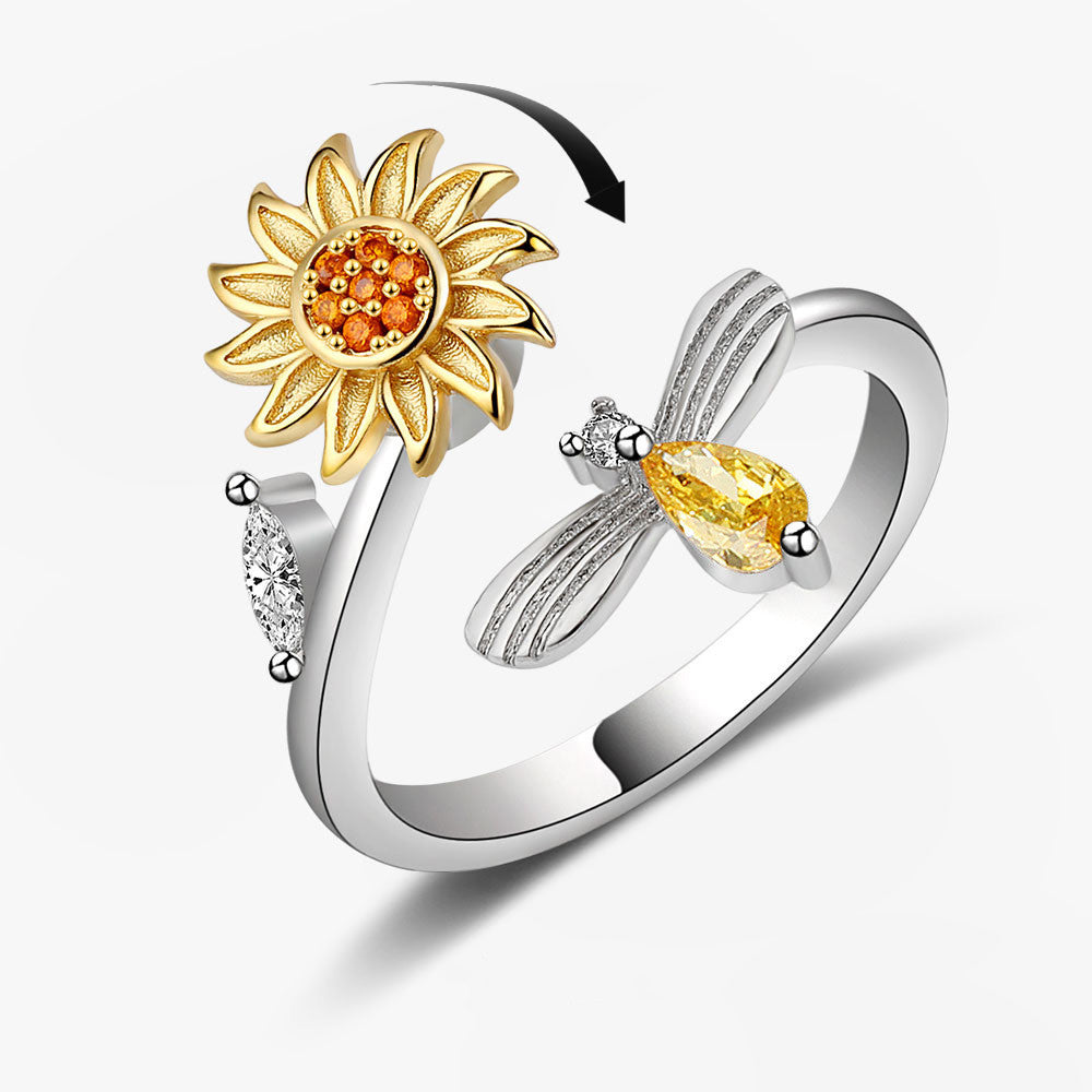 Silver adjustable ring with sunflower and bee design


