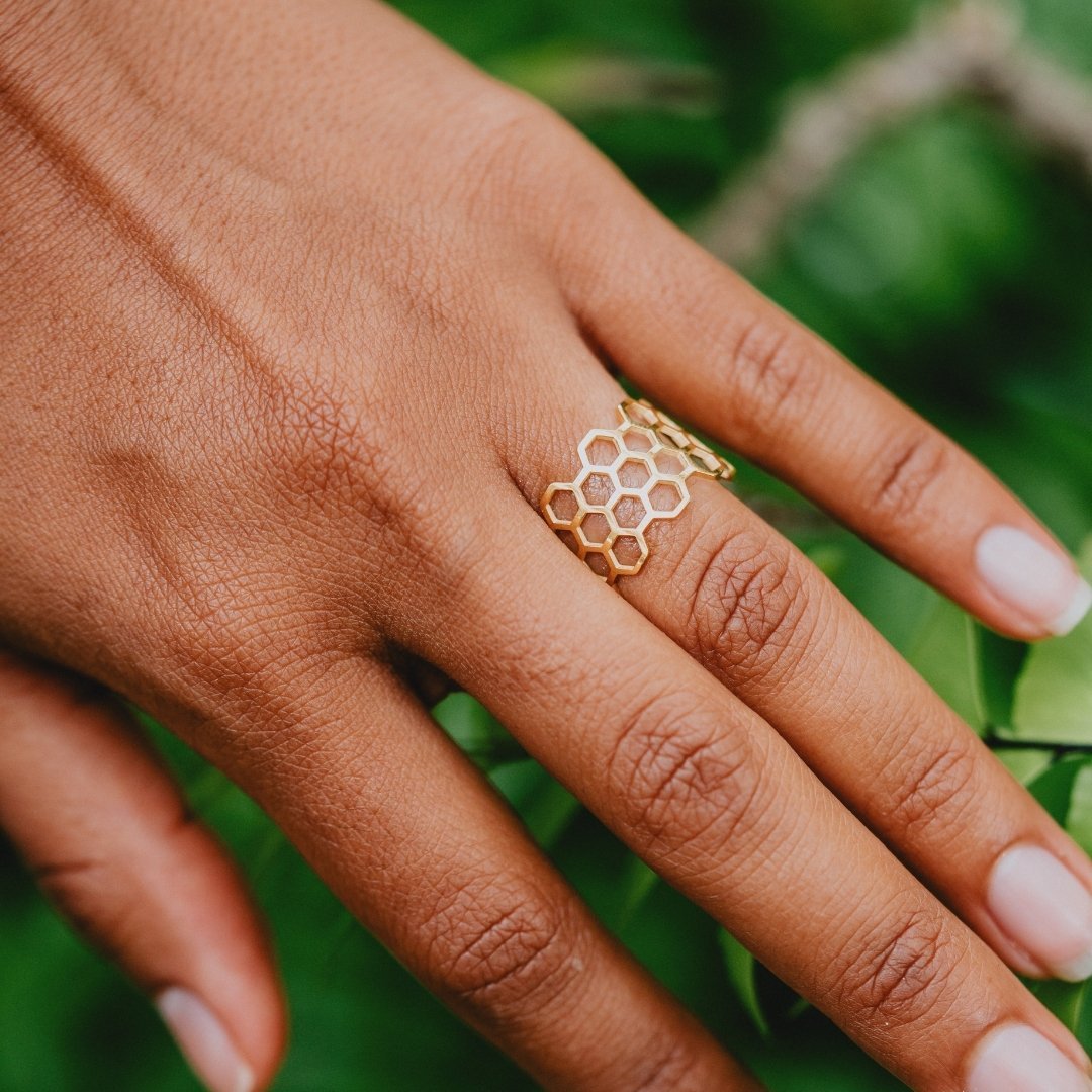 Open hexagon pattern gold cuff bracelet for women

