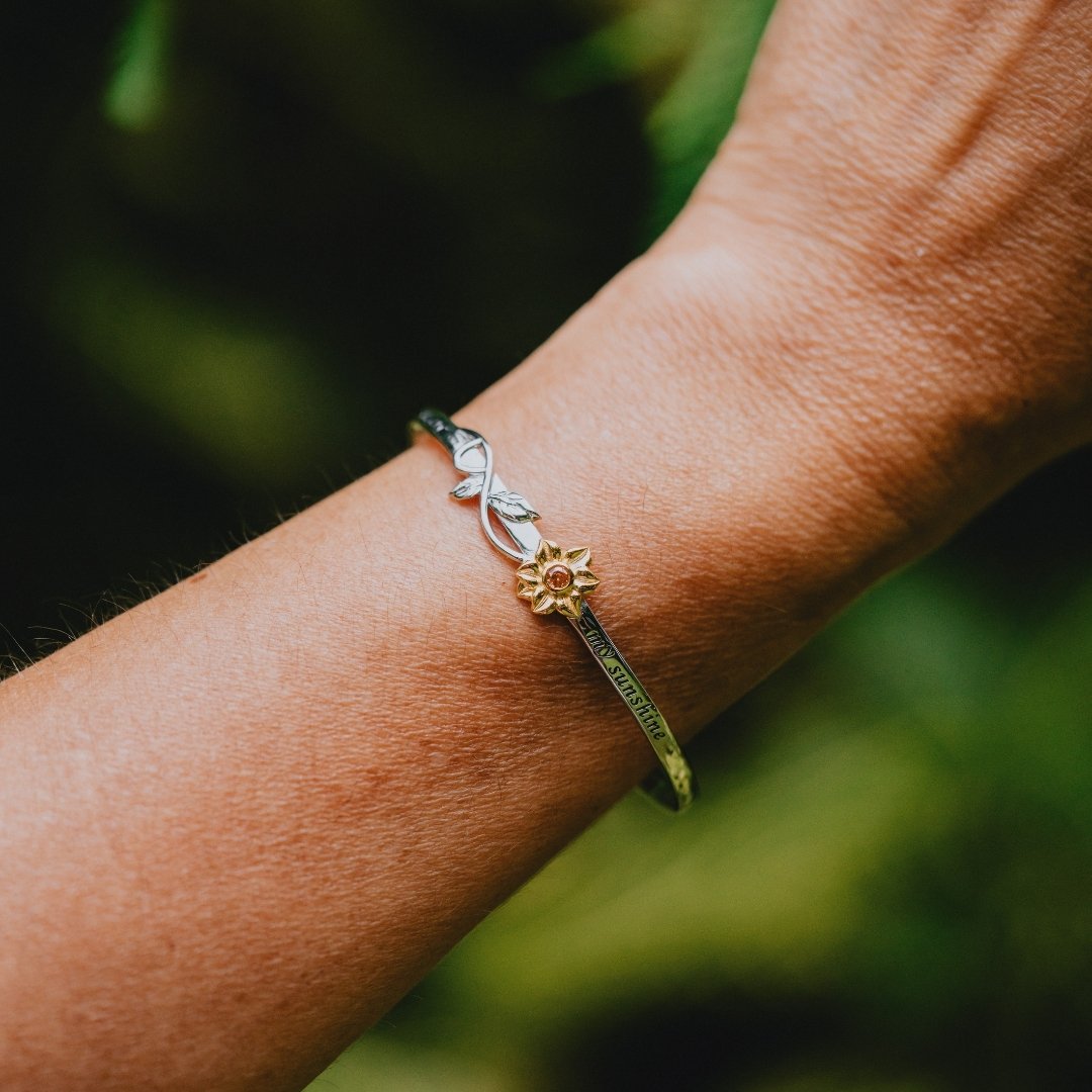 silver sunflower bangle with inspirational engraved message