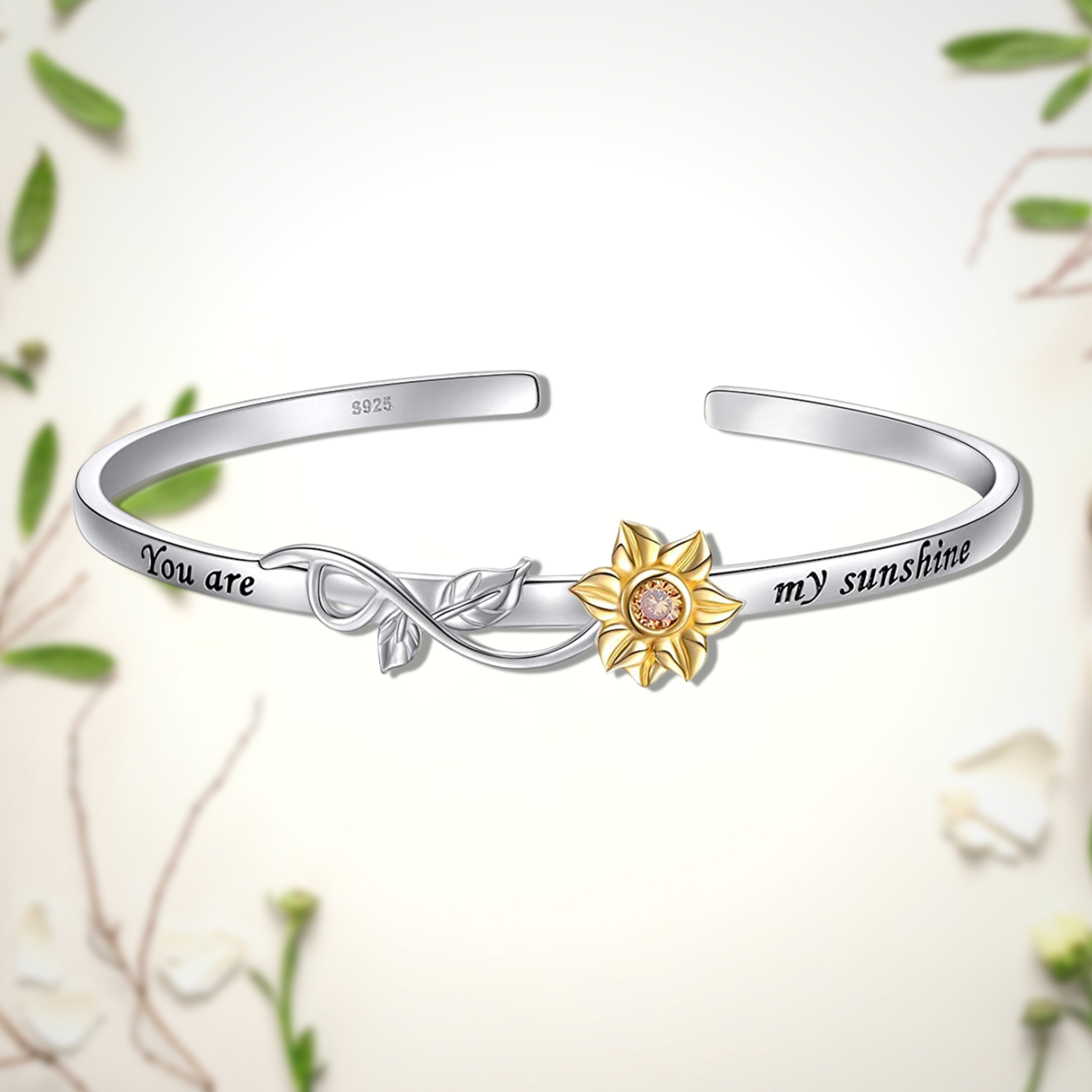 silver sunflower cuff bracelet with You Are My Sunshine engraving